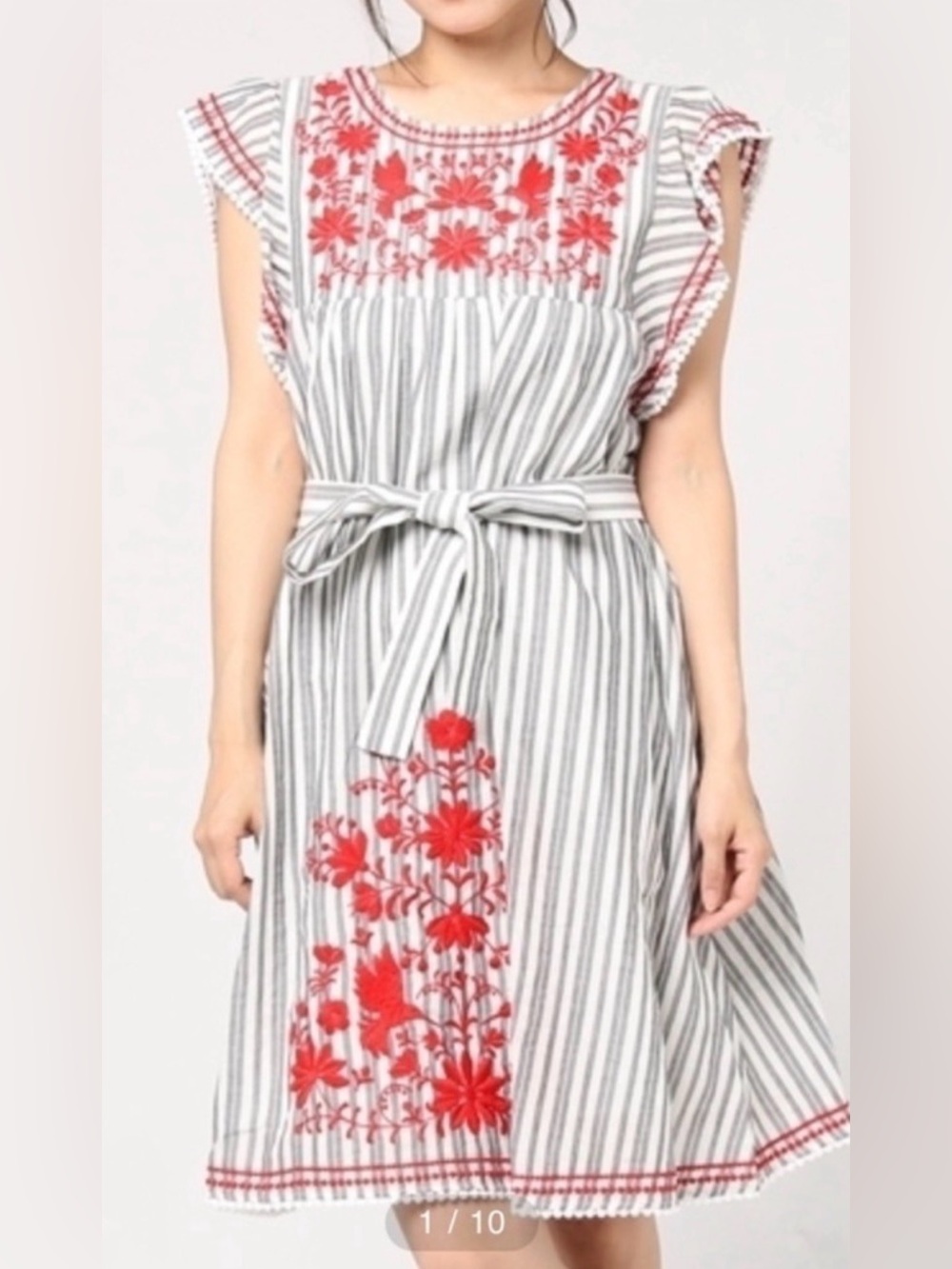 Kate Spade Broome Street Striped Floral Embroidered Belt Dress, Size Medium